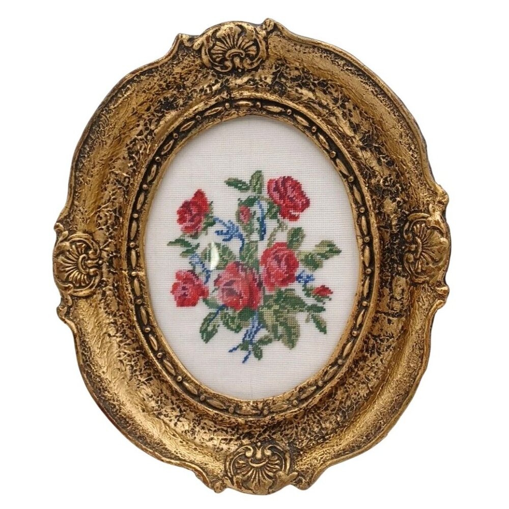 Set 2 Framed Floral Embroidery Wiehler Gobelin Flower Roses Violets In A Basket - Picture 3 of 9